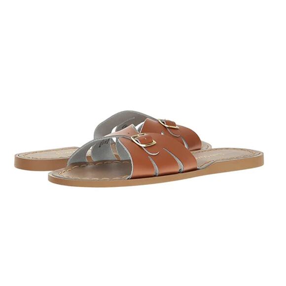 Salt Water Sandals WMNS 9 Hoyway Classic Slides Tan Leather Slip On Flat Buckle - Picture 1 of 11